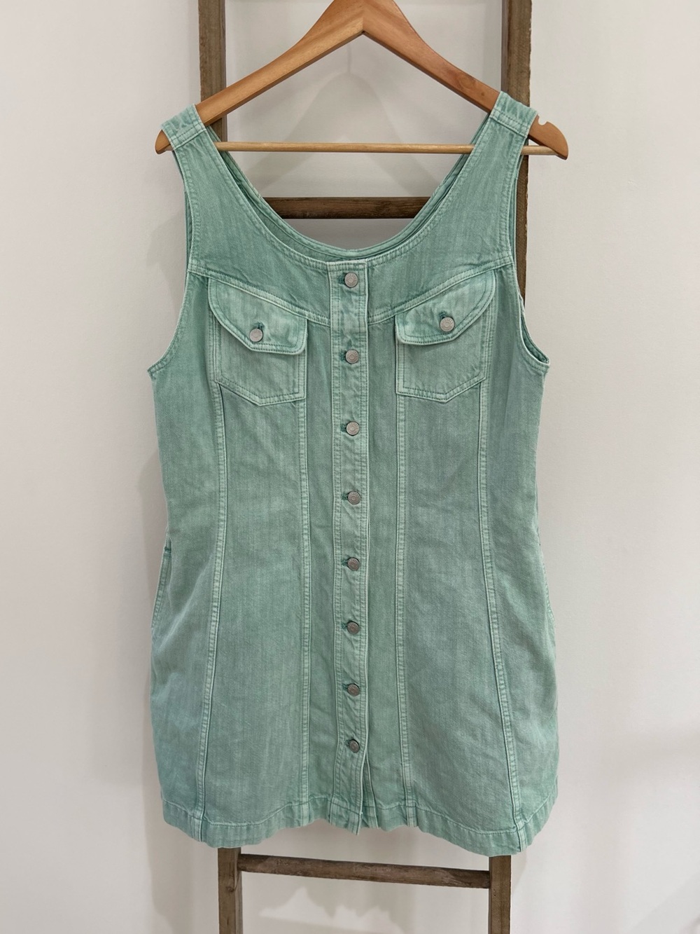 Madewell Sleeveless Mint Green Button-Front Denim Mini Dress Size 12 EUC Cotton - Picture 3 of 11